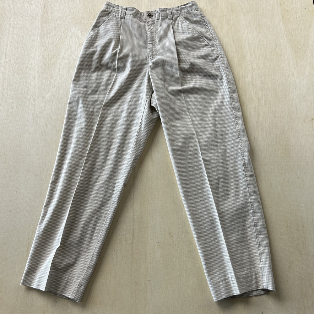 Vintage Lizwear Pants Womens 8 Beige Check Pleated Straight Leg Chino Twill
